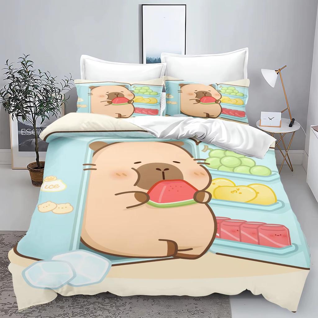 Cartoon Capybara 3D Printed Bedding Set Children's Duvet Cover Pillow Case Set Anime 100_ Polyester Cute Cartoon Home Decoration