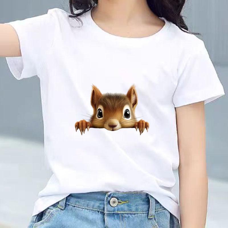 Kids Cotton T Shirt Cute Peeking Squirrel Print Crew Neck Short Sleeve Tee Casual Breathable Boys Girls Summer Tops