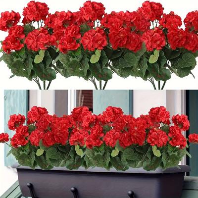 Flores Artificiales de Geranio Resistentes a los Rayos UV - Rojo Brillante con Hojas Verdes, Plástico Duradero Decoración para Interiores/Exteriores para Jardines, Patios, Bodas