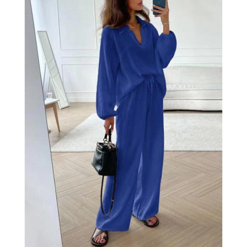 

Зарубежный повседневный кардиган из хлопка и льна с длинным рукавом и комплект брюк широкого кроя для весны и осени. 5XL синий