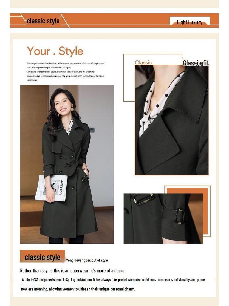 Temperamental Women's Mid-Length Trench Coat - Spring/Autumn 2025 British Style in Ink Green