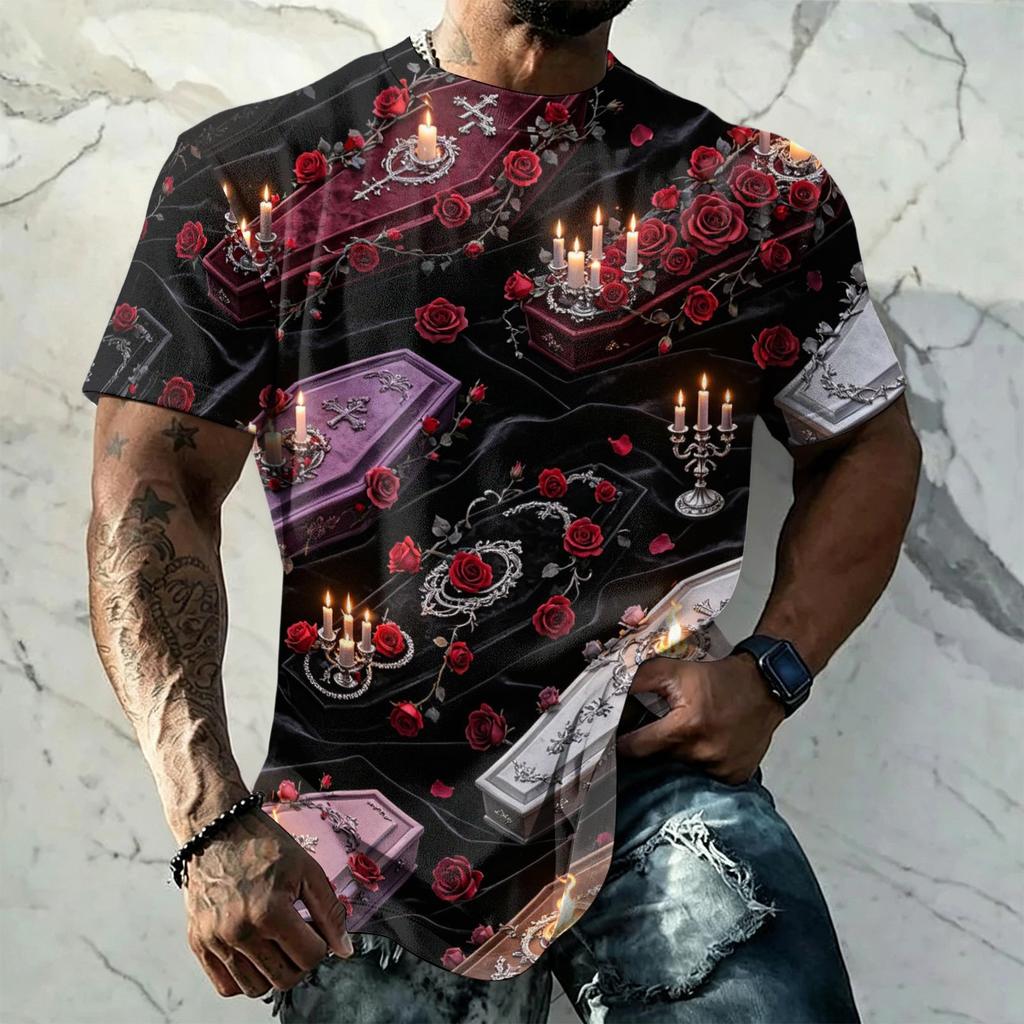 Men Halloween Print Vintage Texture Short Sleeve T Shirt Loose Breathable Summer Sport Street Casual Daily Wear Top