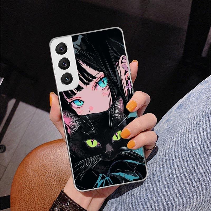 Anime Girls Cute Black Cat Phone Case For Samsung Galaxy S24 S25 Edge S26 Ultra S23 S22 S21 Plus S20 FE + Personalized Print Cov