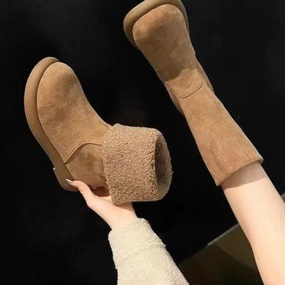 Fashion Warm Fleece Lined Pure Leather Flat Heel Mid-Calf Snow Boots Women's Winter Booties Comfortable Rubber Sole Round Toe Booties