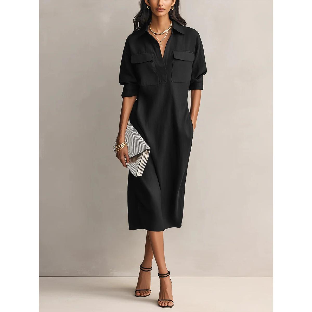 

Осеннее платье-рубашка в французском стиле с воротником, поясом на талии, карманами, приталенного кроя, элегантное, для офиса, для женщин, европейская американская модная сумка через плечо S чёрный