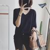Summer Women's New Korean Style Simple V-neck Versatile Loose Pullover T-shirt Solid Color Mid-sleeve Casual Top Bottoming Shirt