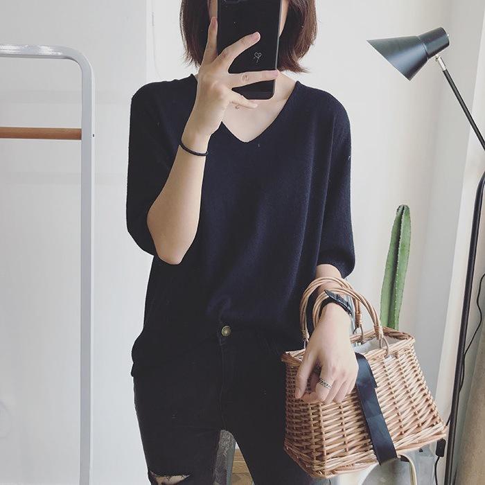 Summer Women's New Korean Style Simple V-neck Versatile Loose Pullover T-shirt Solid Color Mid-sleeve Casual Top Bottoming Shirt