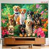 2D Flat, [2D Plane Printing] 1 Large Size/small Size Pattern Printed Tapestry- Puppies, Garden, Colorful Flowers, Happy Expressions, Room Wall Decorat