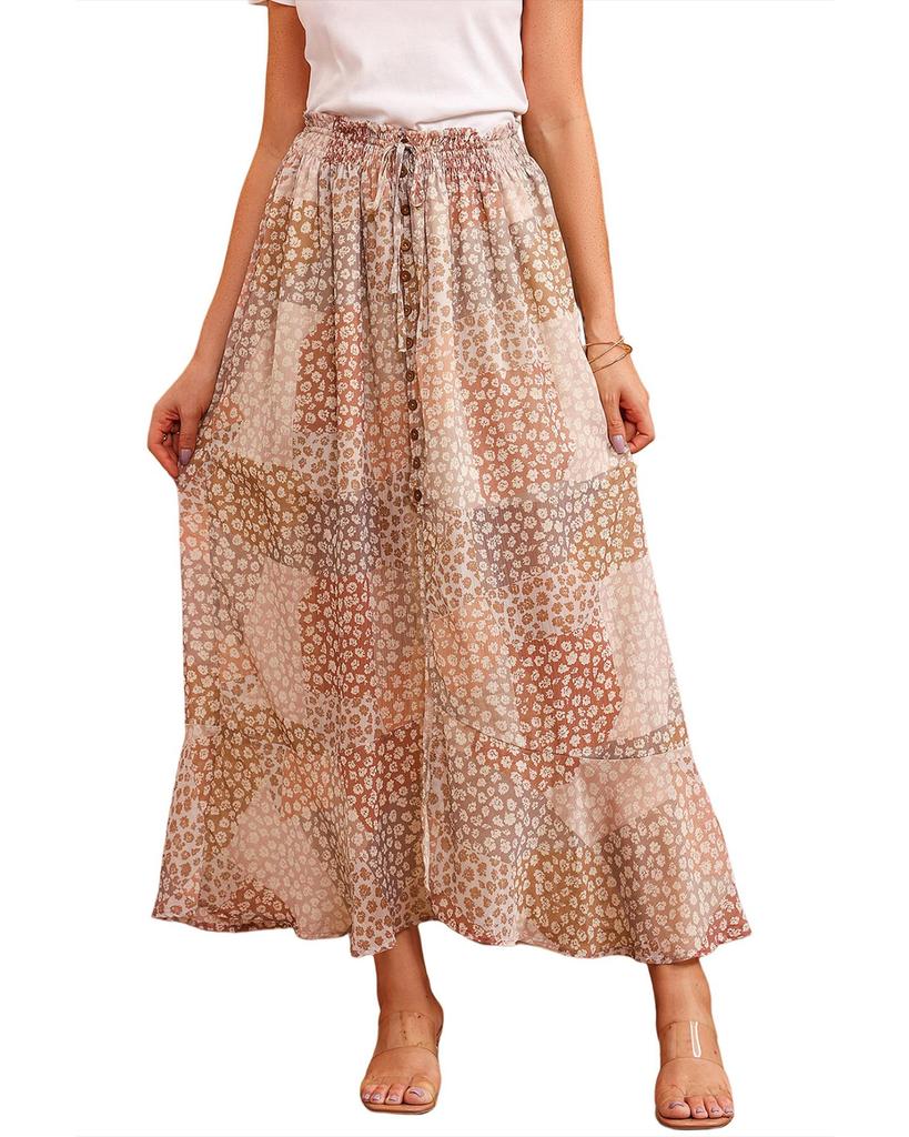 Azura Exchange Flower Print Maxi Skirt with Smocked Waist and Button Slit