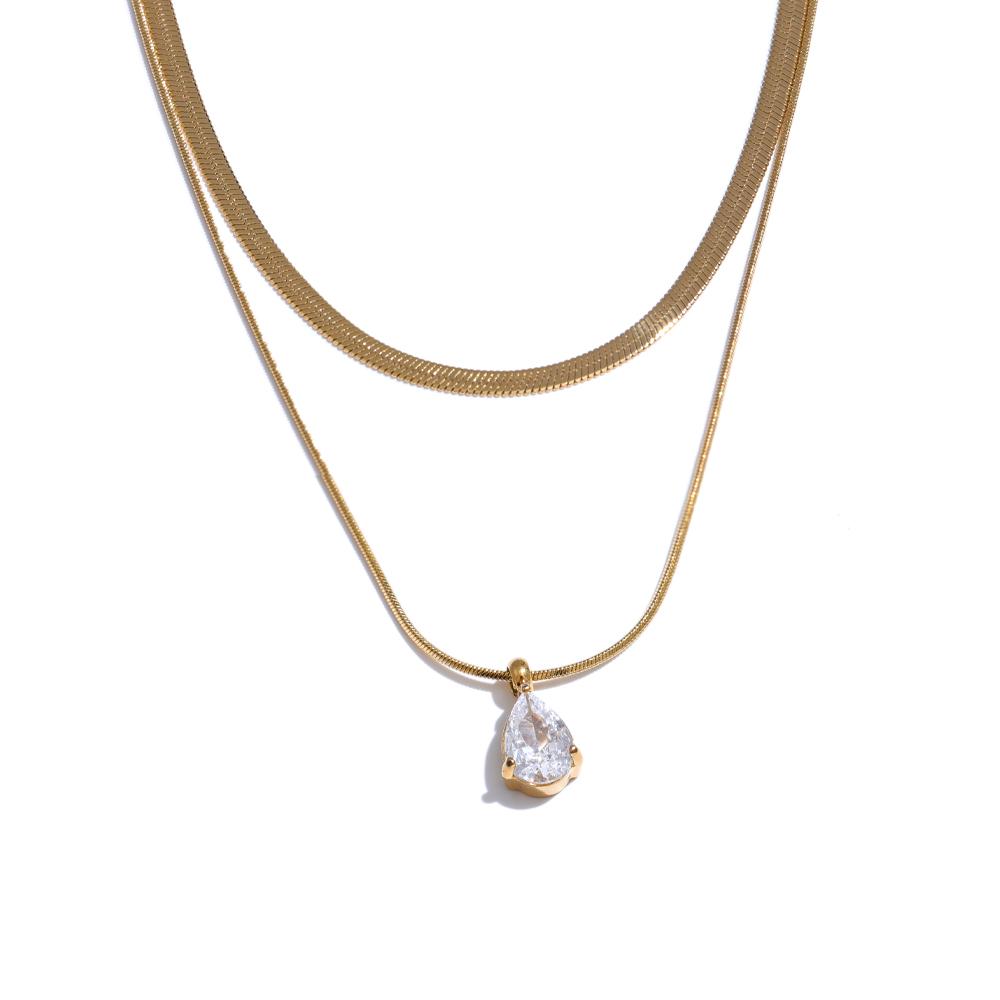 

Yhpup Popular Stainless Steel Double Layer Snake Chain Stacking Necklace Pendant Water Drop Zirconia Collar Jewelry Party Gift
