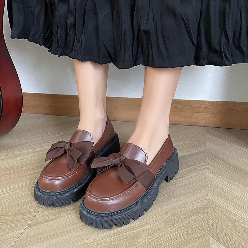 Fashion Bow Loafer Shoes Women 2024 Spring and Autumn New Thick Sole Mid-heel Lazy British Style Retro Small Leather Shoes