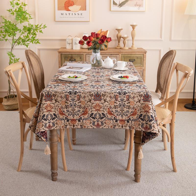 American Retro Polyester Cotton Color Woven Jacquard Magpie Flower Plant Fringed Tablecloth Rectangular Coffee Table Tablecloth Dining Table Cloth