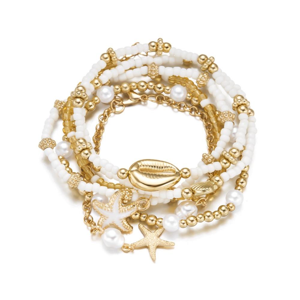 Open Bangle Shell Bracelet Set Gold Color Bohemian Bracelet Set  Women Jewelry