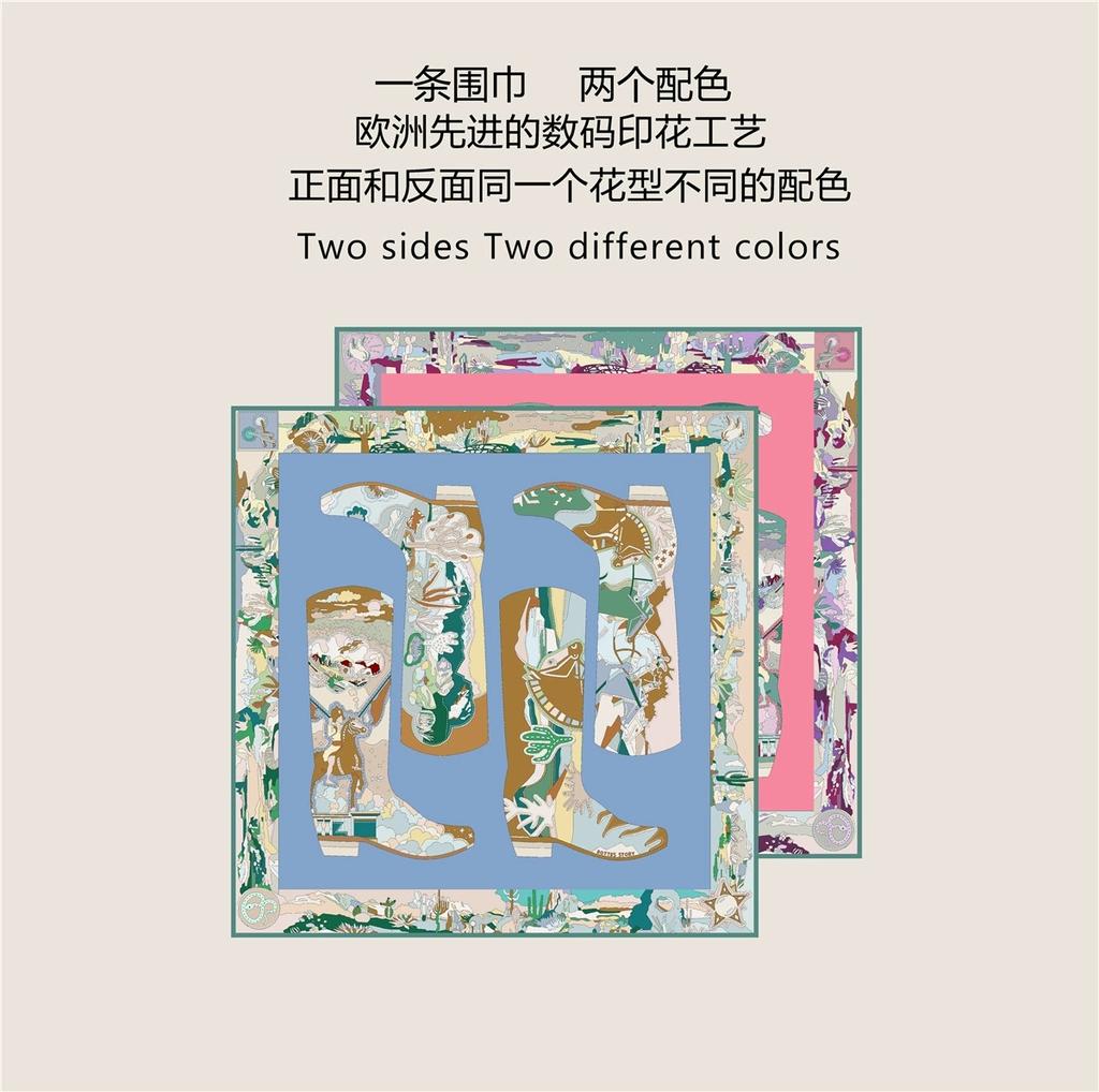 90cm Fashionable Women Versatile Decorative Rolled Edge Double-Sided Color Scarf  Boots Printed Square Handkerchief Neck Scarf