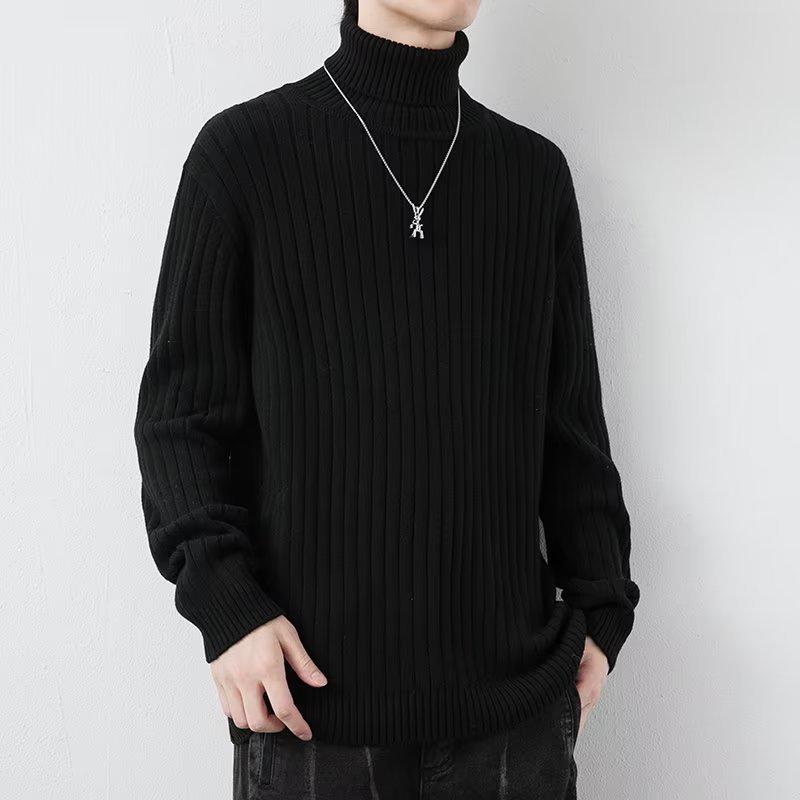 Men's Striped High Neck Knit Sweater - Thick, Loose, Solid Color Winter Base Layer