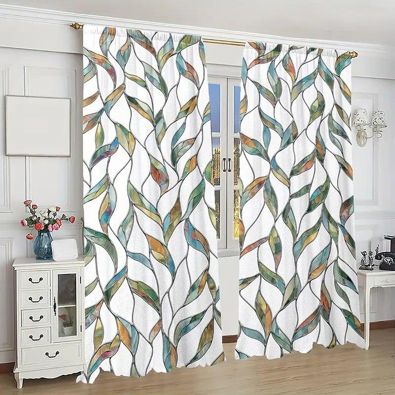 Set Of 2 Colored Imitation Glass Leaf Pattern Printed Curtains Window Decoration Home Room Curtain Polyester
