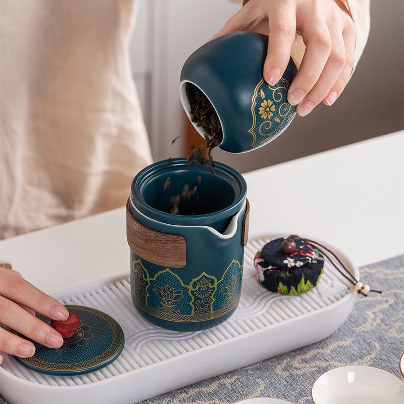 Ancient Charm Ceramic Travel Tea Set: Quick-Brew Pot with Three Cups for Outdoor Use - Customizable Logo Gift