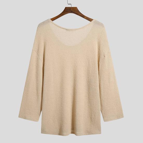 Spring Autumn Men Pullover Sweater V-Neck Long Sleeve Solid Color Knitted Tops Hollow