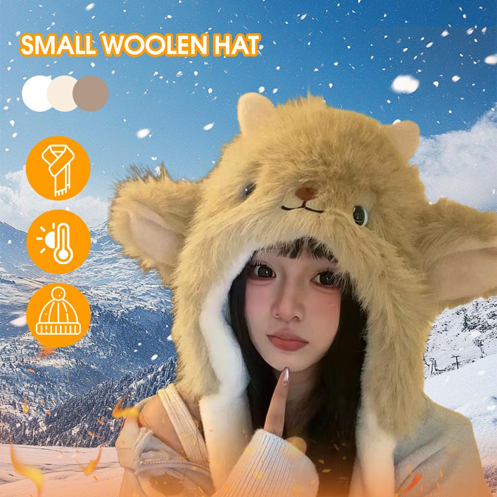 Fluffy Plush Ear Moving Jumping Hat, Cute Cartoon Anime Sheep Jumping Ear Beanie Hats for Women Girls Thickened Earflap Snow Hat