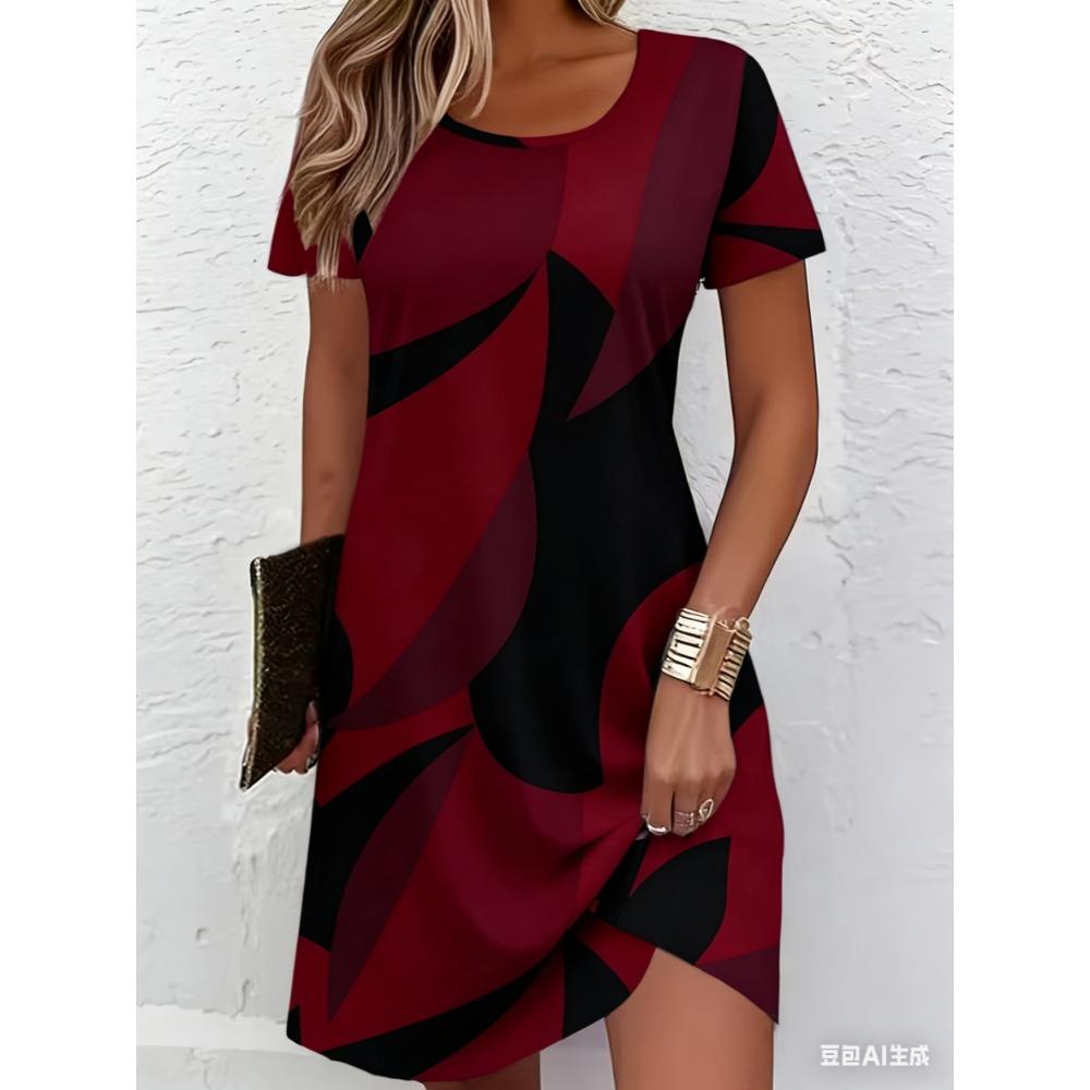 Full-body printed breathable round-neck short-sleeved T-shirt dress - Casual short-sleeved dress - Women's top with mid-length A-shaped skirt