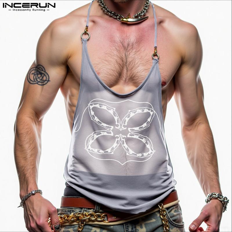 INCERUN Men Sling Sleeveless Print Mesh Sheer Tank Tops Camisole Undershirts