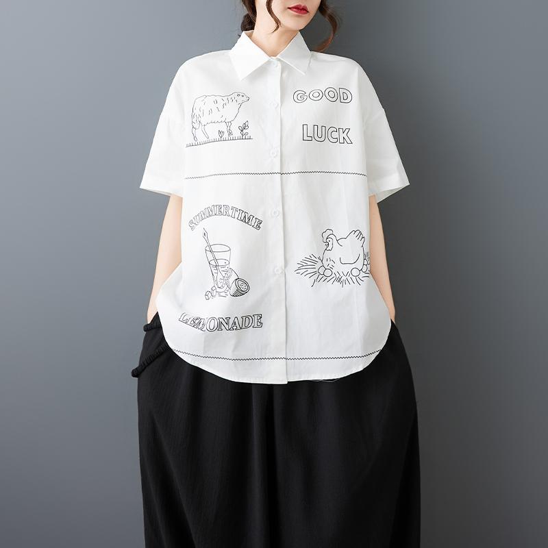 DIMANAF 2026 Plus Size New Spring Summer Blouse Short Sleeve Casual Shirt Women Loose Tops Shirts Cotton Black Print