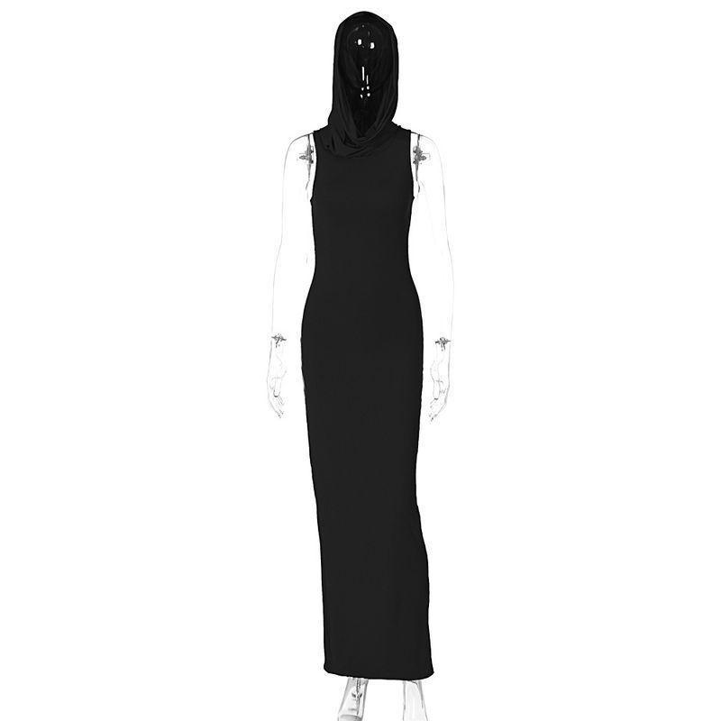 

2023 Fashion Solid Color Hooded Back Dress Dress Black S