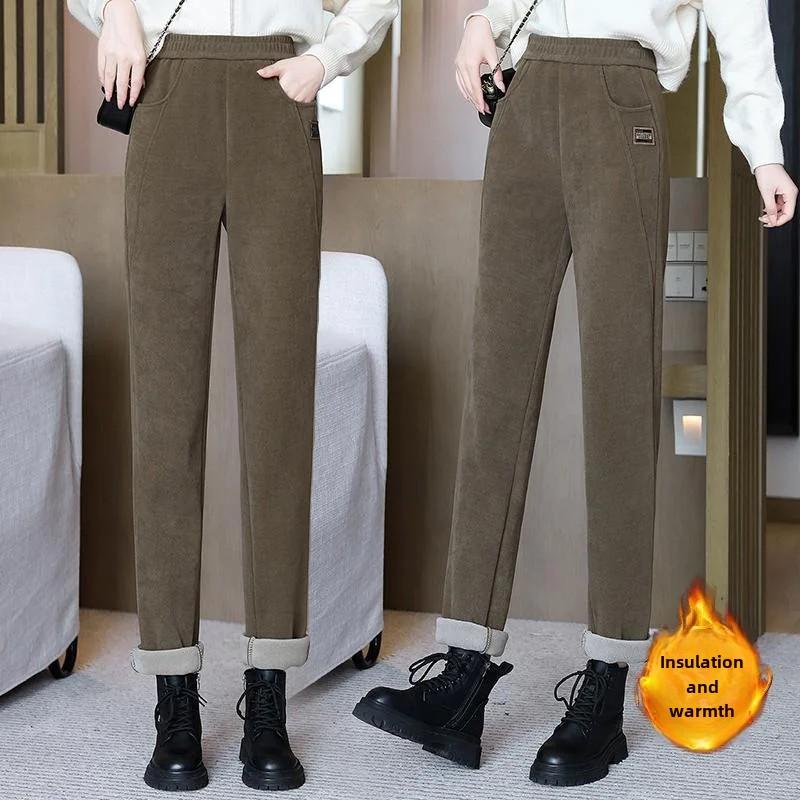 Autumn/Winter Fleece-Lined Thickened Casual Pants Slimming Fashionable High-Waisted Warm Trousers Straight Copper Fle