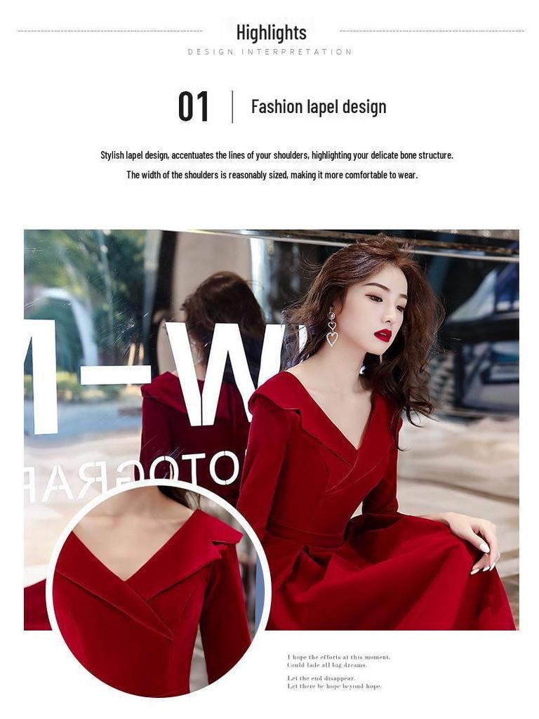 Autumn Red Wedding & Engagement Dress: Elegant Toast Dress for Brides