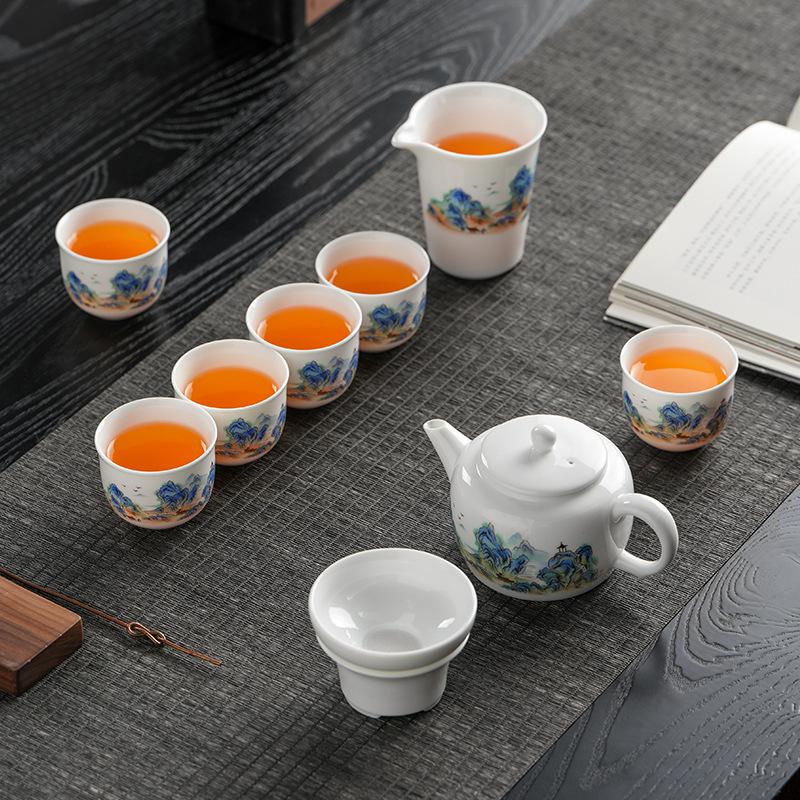 National style landscape white porcelain tea set, a pot of six cups gift box for gifts, self-use tea brewer, light luxury business companion gifts