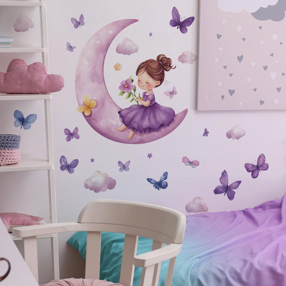 Kreskówkowy Sen Księżyc Mała Dziewczynka Sypialnia Salon Dom Ściana Tło Upiększanie Dekoracja Naklejki Ścienne