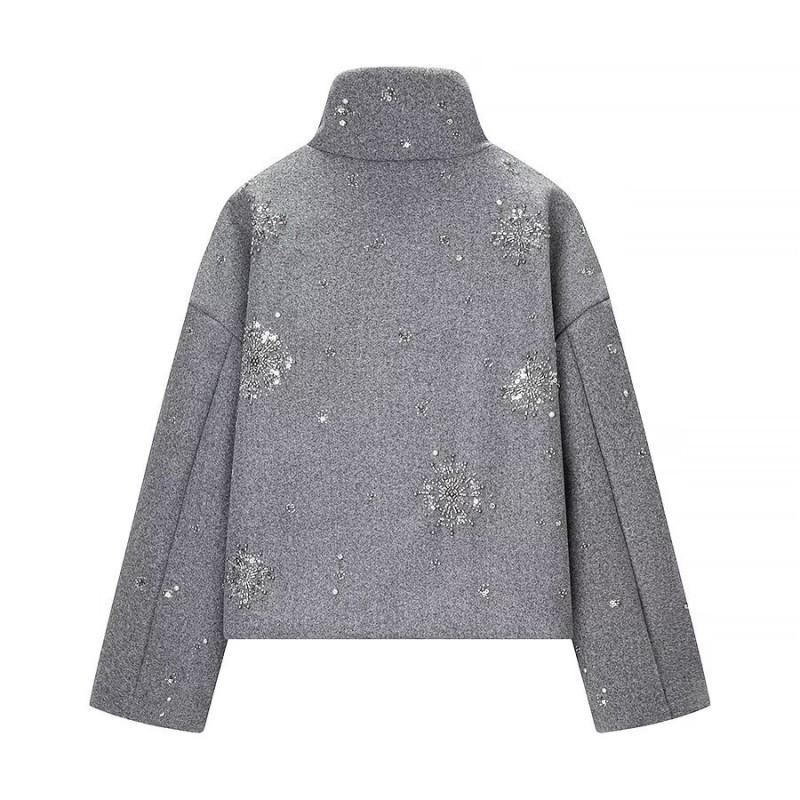 Womens Winter Fashion Stand Collar Zip Sequin Jacket Wool Blend Coat