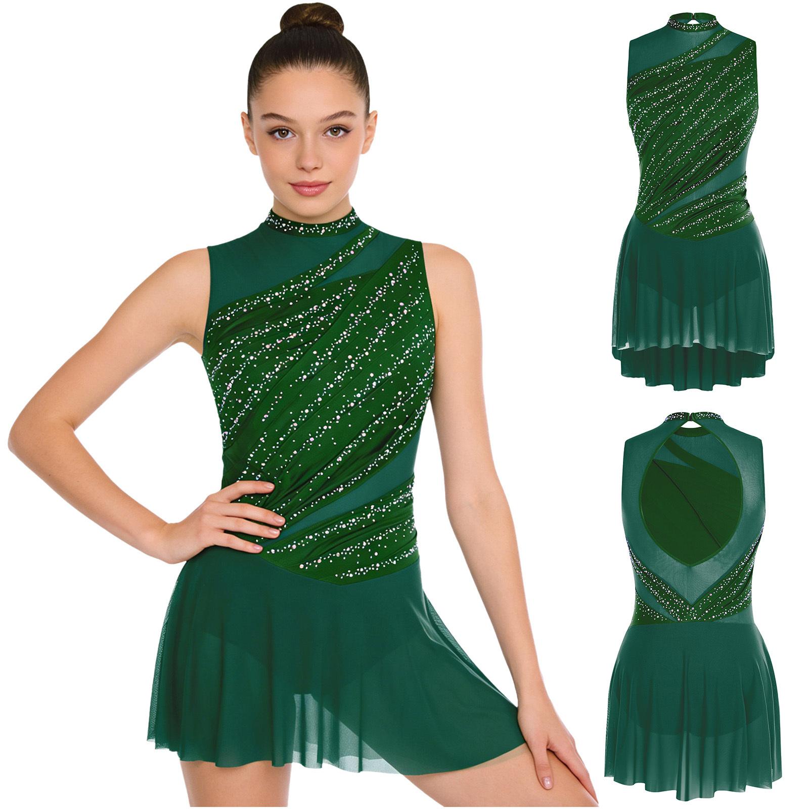 Damen Gymnastik Kunstturnen Eiskunstlauf Ballett Lyrischer Tanz Turnanzüge Kleid Strasssteine Eingebauter Schritt Knöpfe Slips Kleid S dunkelgrüne