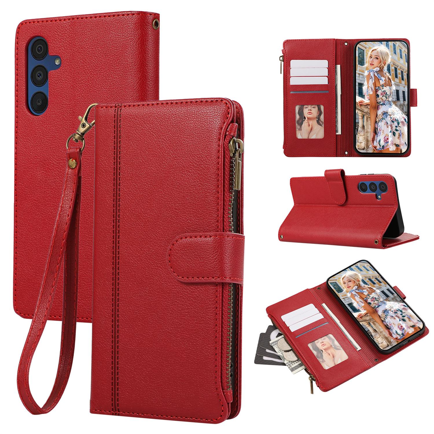 

For Samsung Galaxy A56 5G Case Multi Card Slots Zipper Leather Phone Cover with Wrist Strap Red