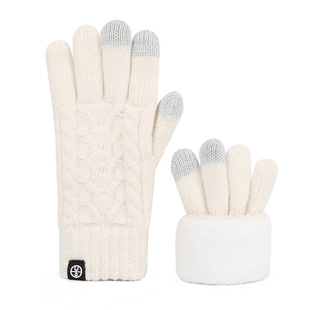 Double Layer Thickened Knitted Gloves for Winter Warm and Cold  Plus Velvet Northeast Outdoor Riding Solid Color Touch Screen Wool Gloves