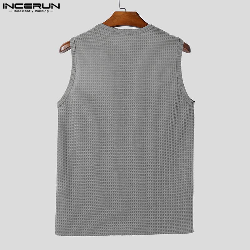 INCERUN Men Casual Sleeveless Patchwork Waffle Texture Hollow Out Tank Tops
