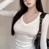 Women's Slim Fit V-Neck Long-Sleeve Solid T-Shirt, Autumn/Winter Korean Trendy Inner Wear.