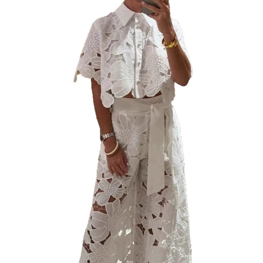 2025 Summer Elegant Lace Hollowed-Out Shirt and Long Pants Set