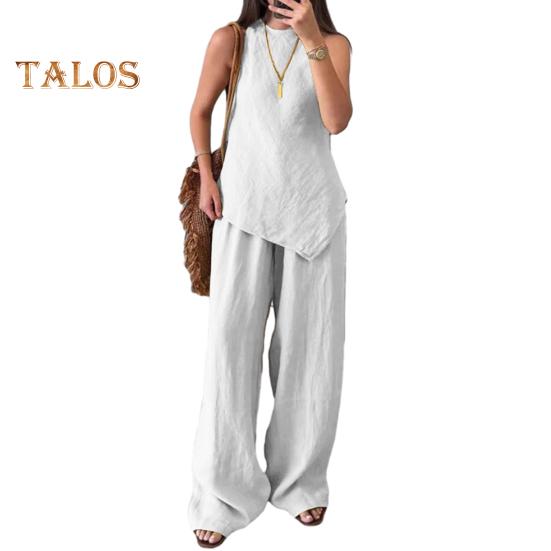 

Женский комплект из двух предметов с неровным подолом, безрукавка, топ с круглым вырезом, широкие брюки, летний повседневный спортивный костюм S белый