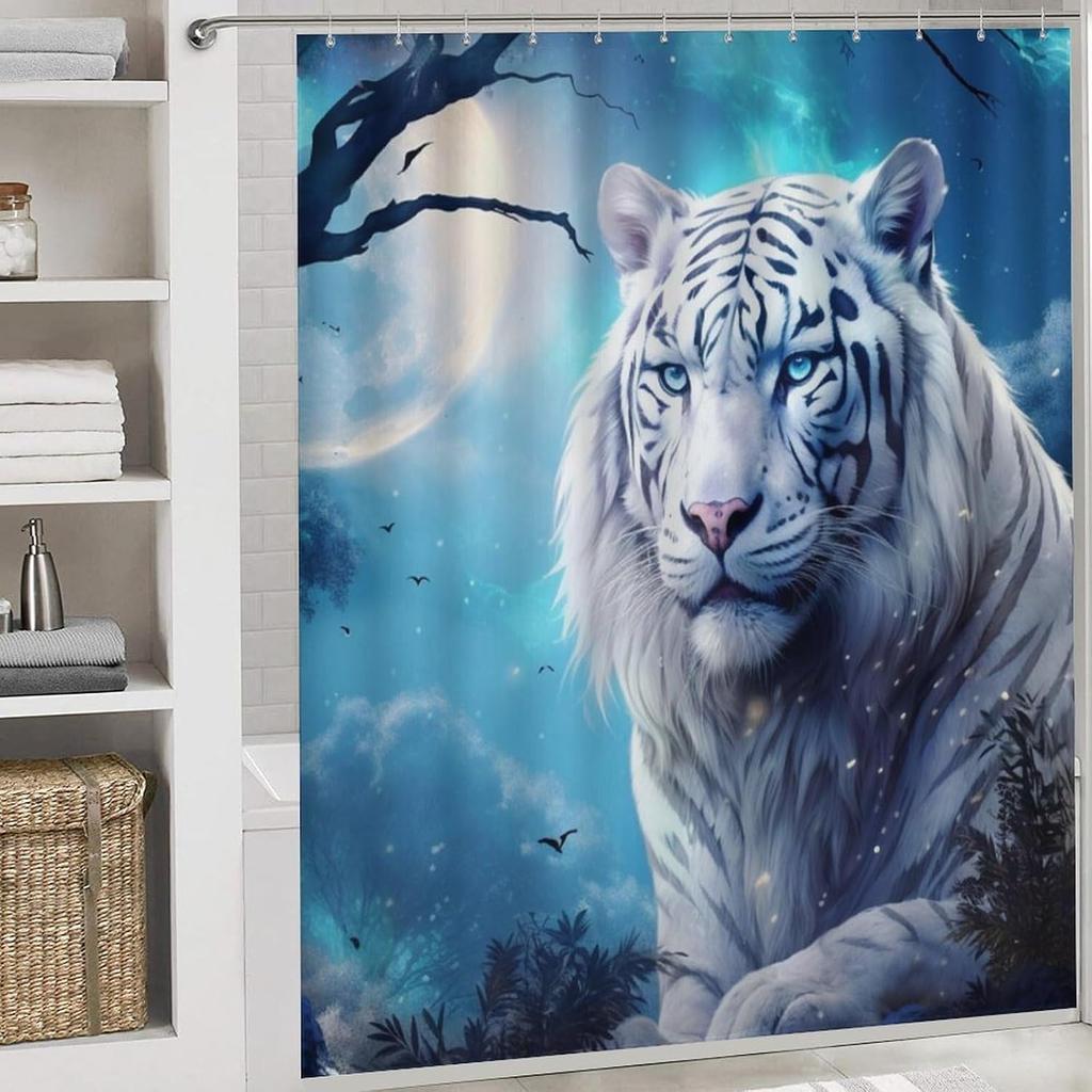 Moon White Tiger Shower Curtain Sets With Rugs Toilet Lid Cover And Bath Mat Fantasy Wild Animals Forest Shower Curtains With 12