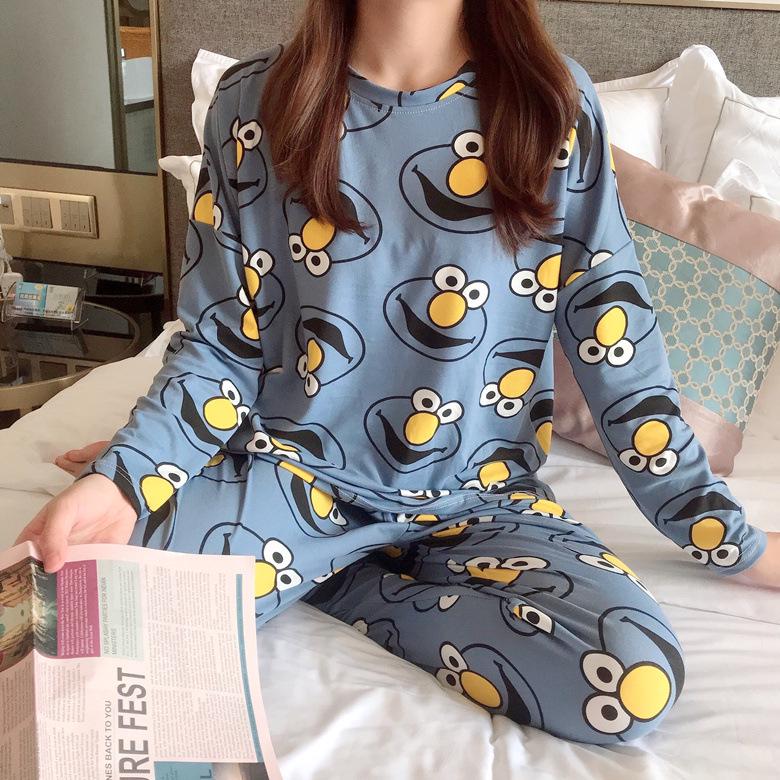 Women's Korean Style Pajama Set: Long Sleeve, Round Neck, Cute Cartoon Print, Comfortable for Spring & Autumn