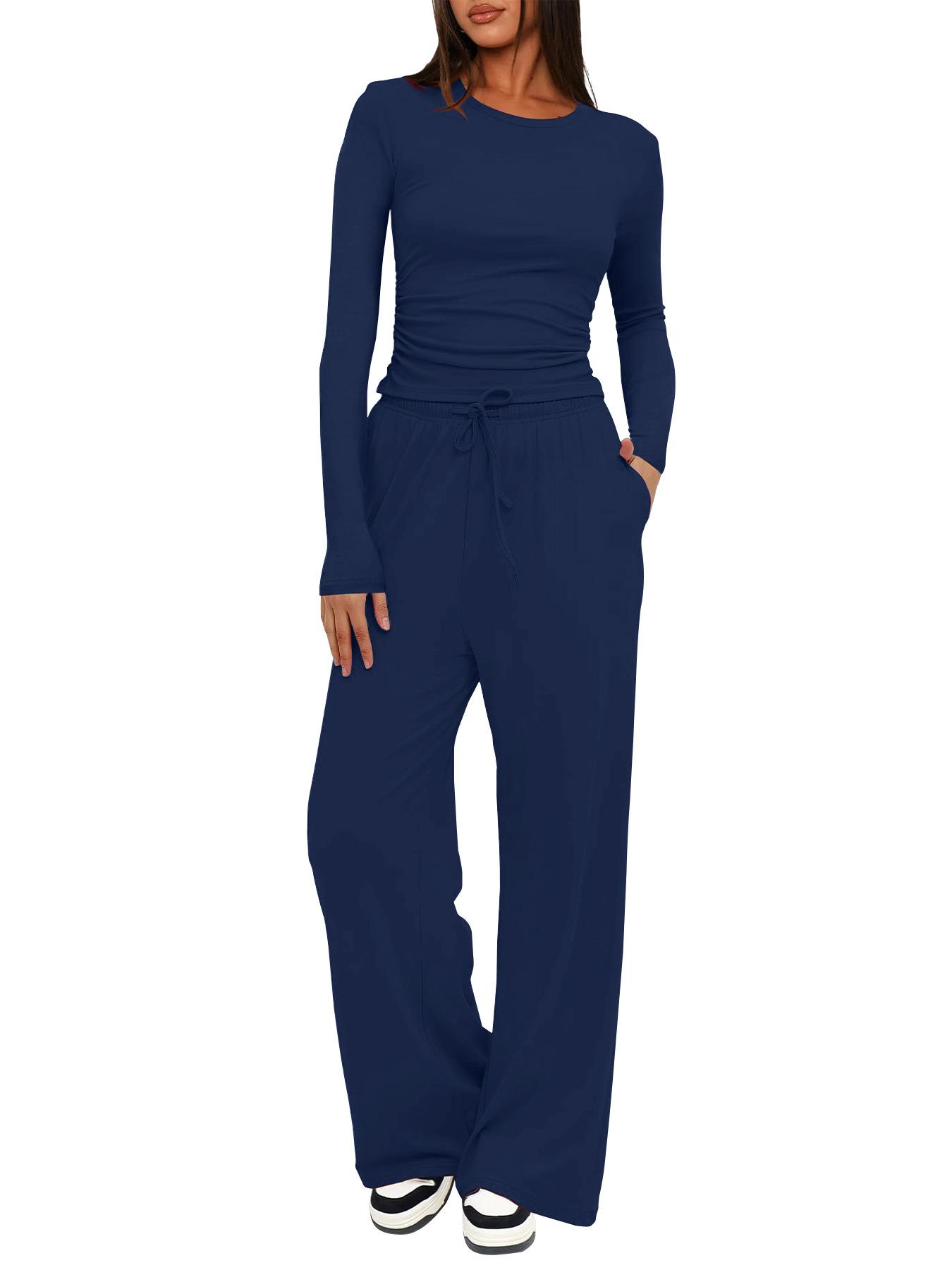 

Solid Color Casual Long Sleeve Set Top High Waisted Wide Leg Pants Sportswear XXL
