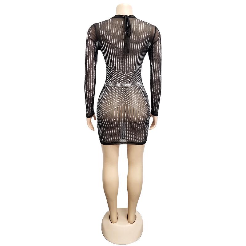 New 2020 European American Women's Sexy Mesh Strappy Dress with Hot Drilling for Nightclubs
