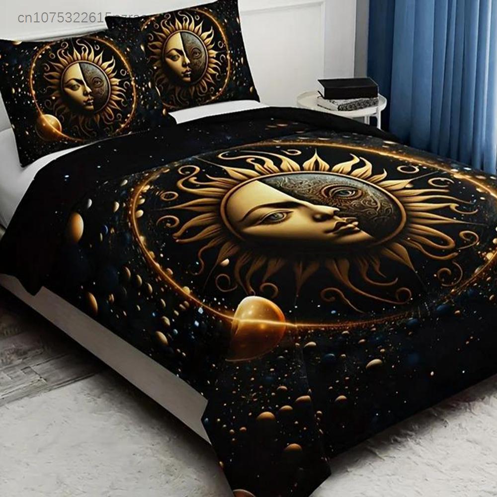 Moon Stars Celestial Sun Duvet Cover Set Golden Printed Bedding Set For Home Decor