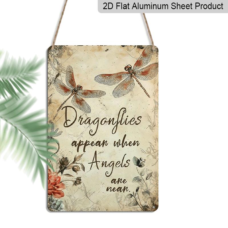 2D Flat Vintage Metal Wall Art Sign Dragonflies Appear When Angels Are Near - Rustic Farmhouse Decor with Floral Accents - Durable Aluminum for 20*30cm