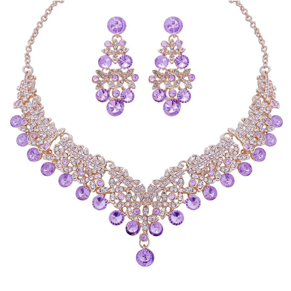 Exquisite Colored Rhinestone Necklace Earrings Set Party Dress Accessories Necklace