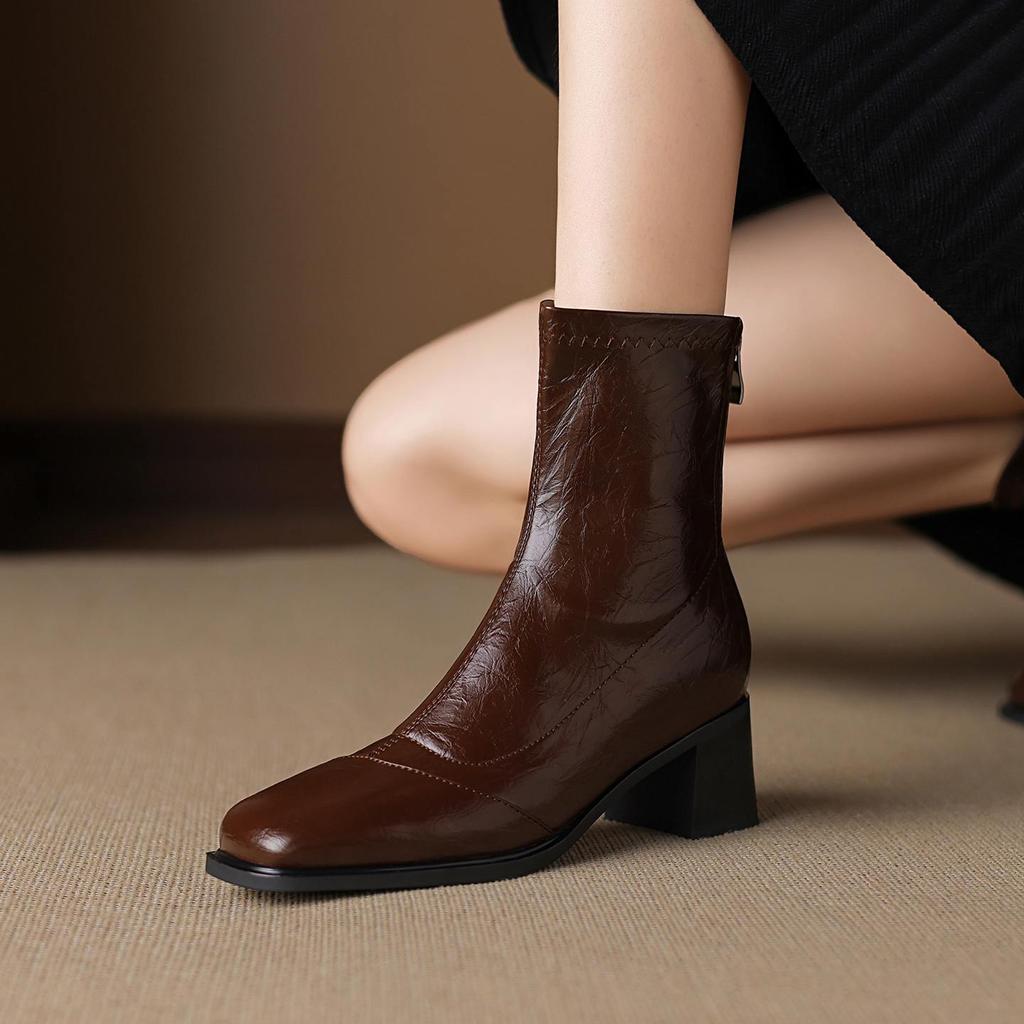 Krazing Pot Microfiber Square Toe Med Heels Elastic Boots Size 43 Slip On Women  Basic Design Ankle Boots