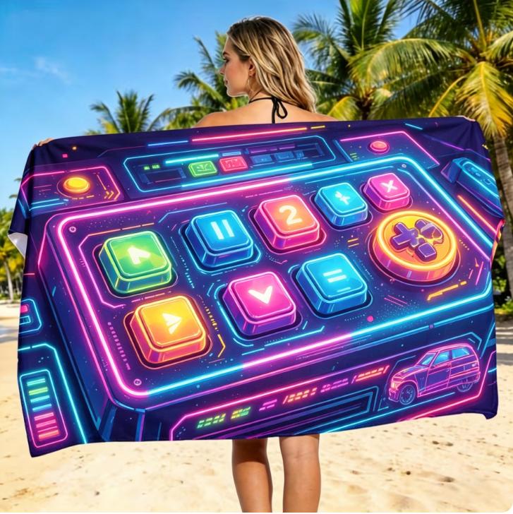 Colorful Game Controller Print Beach Towel Microfiber Large Sand Free Quick Dry, Gamer Graffiti Design Soft Absorbent Bath Towel
