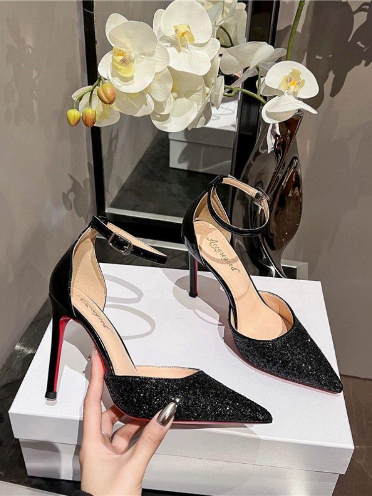 

European and American large size one-word buckle sequined crystal shoes 2024 new single shoes shallow mouth female pointed sexy banquet high heels 34