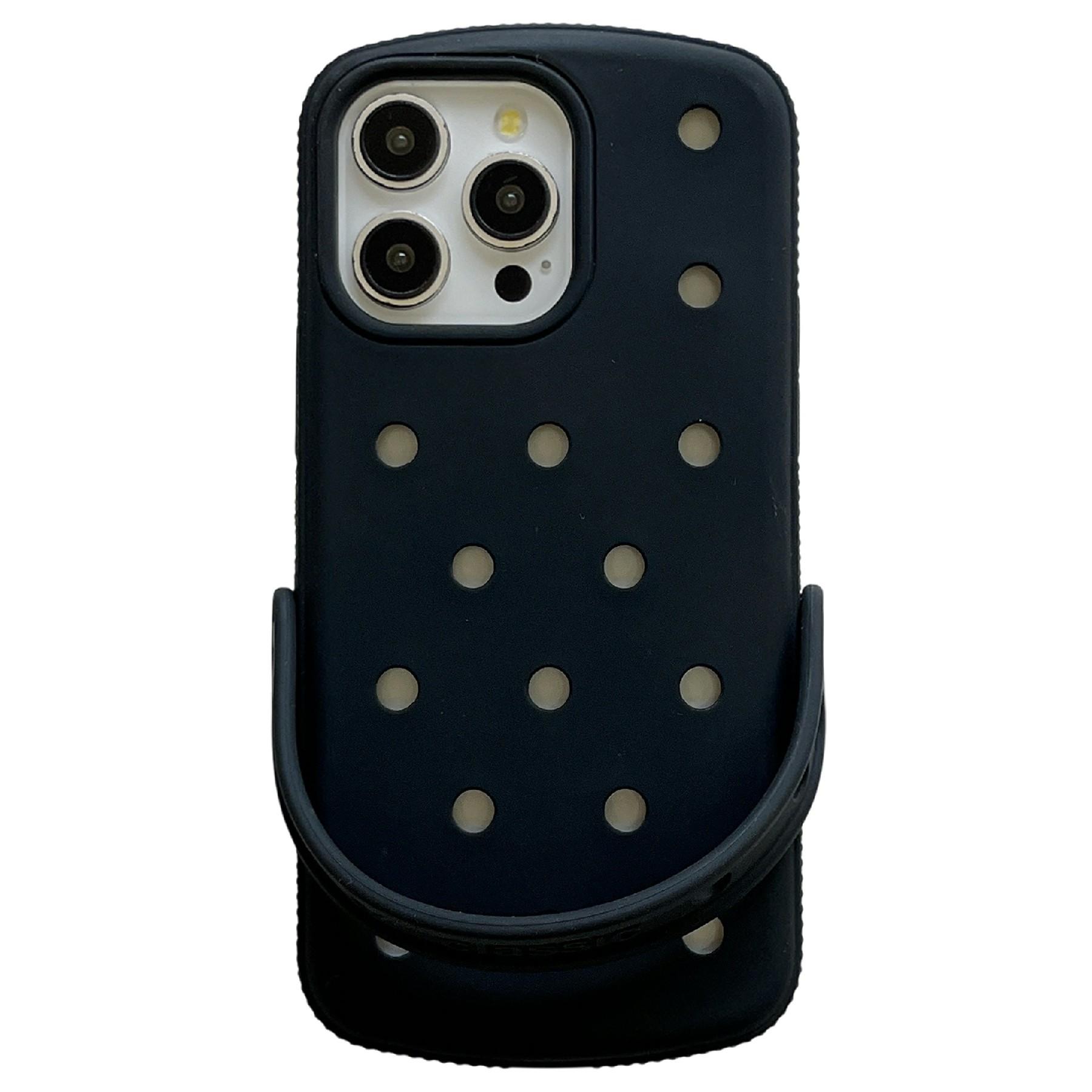 

For iPhone 15 Pro Silicone Case Porous Design with Handle Shockproof Phone Back Cover Black